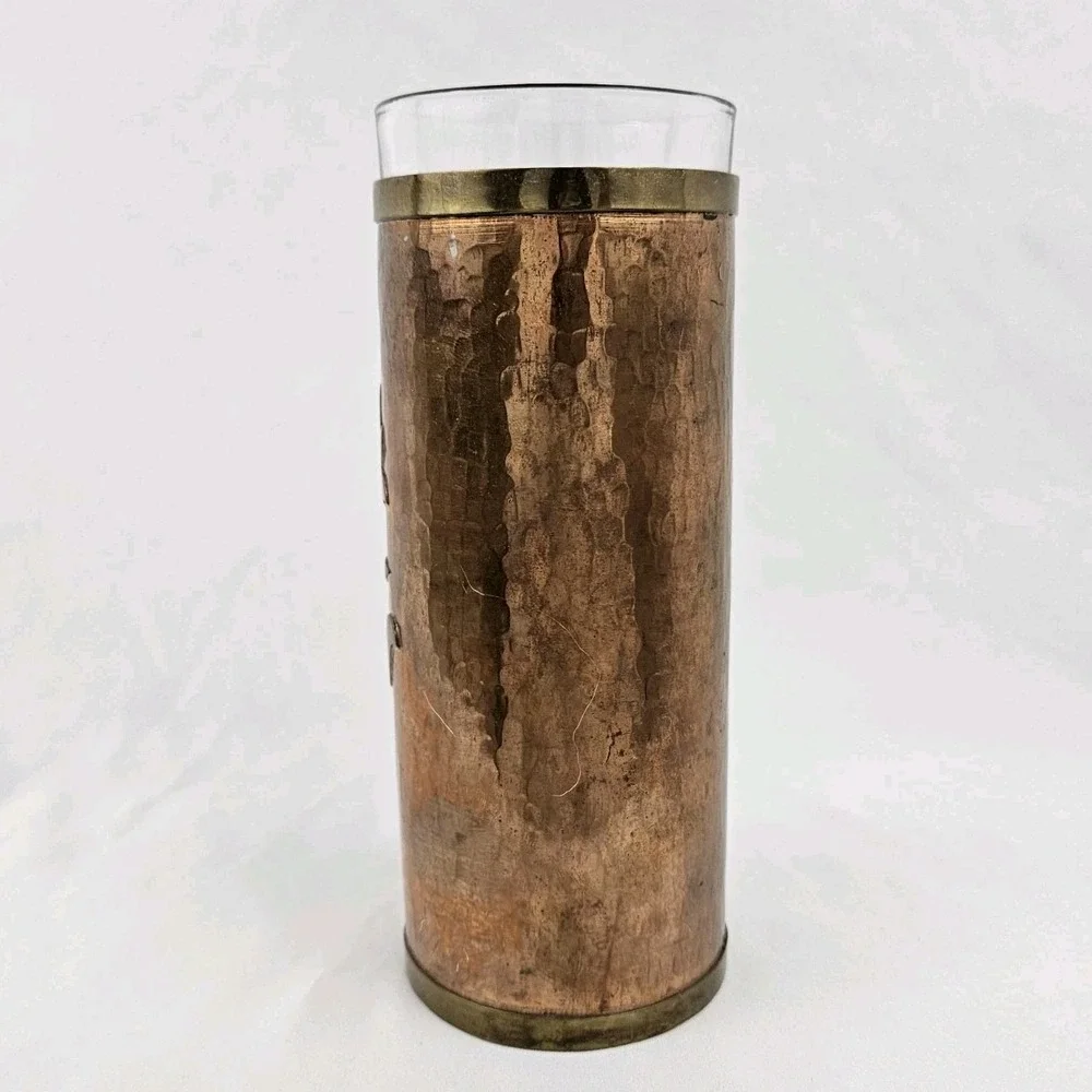 Hammered Copper Vase Applied Brass Flower Vintage Folk Art Arts & Crafts